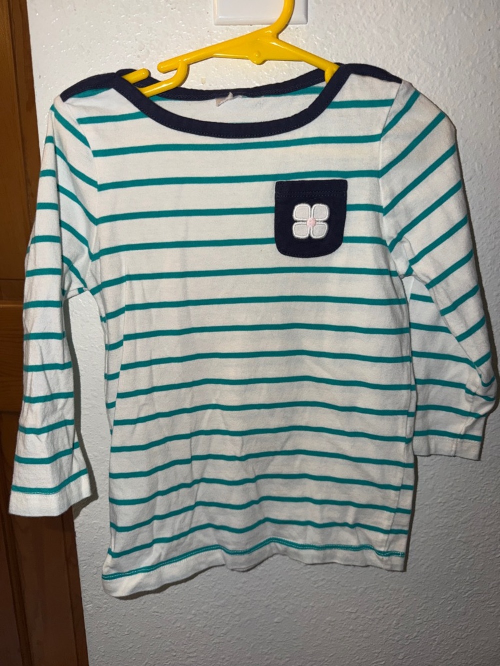 Girls' Teal Stripe Long-Sleeve Tee with Navy Pocket Detail